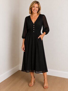 Shein Black Dotted Swiss Midi-Dress, Wide Puff Sleeves,  Size XL or 12, NWOT